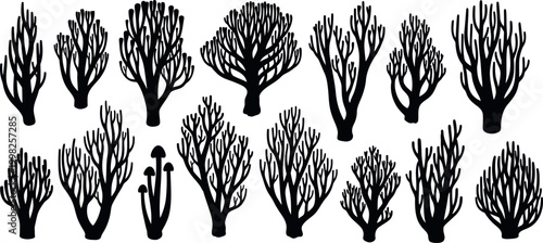 Collection of black silhouette coral branches and mushroom shapes on white background