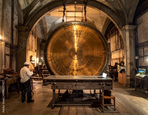 Spectacular cinematic photography of a massive ancient golden brass gong standing majestically inside a dark traditional temple archway.