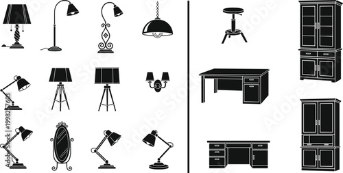 Home furniture and lighting icon set with lamps desks cabinets and interior elements in silhouette style