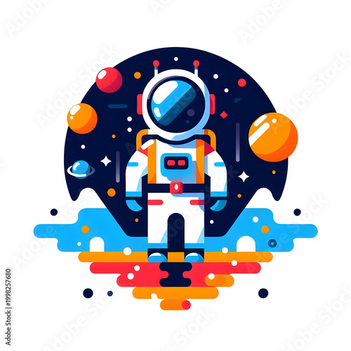 Astronaut character standing on alien planet with stars and planets, isolated on transparent background