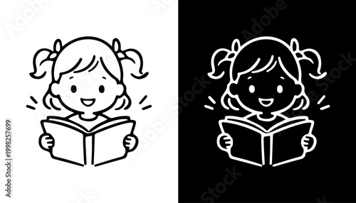 Cuadro en lienzo Cute Little Girl Happily Reading Open Book Line Icon Vector Set Black and White