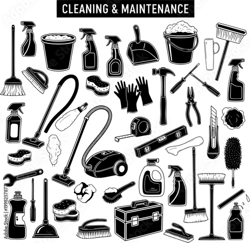 Comprehensive collection of black and white vector icons representing various cleaning and maintenance tools, supplies, and equipment for household tasks.