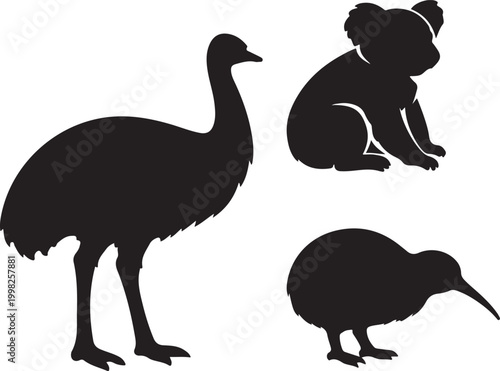 Australian Wildlife Silhouette Vector Set: Kangaroo, Joey, Emu, Koala, and Kiwi Icons