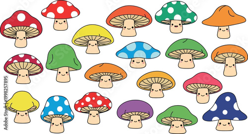Collection of cute cartoon mushrooms with smiling faces and rosy cheeks
