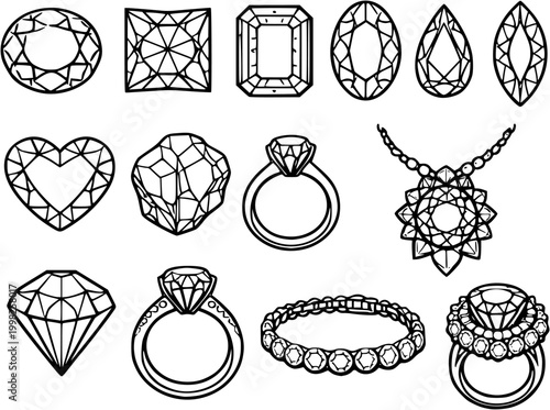 Jewelry and ring icon set black outline for luxury and fashion design