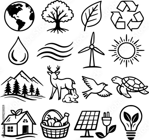 Ecology and environment icon set black outline for sustainability and green energy
