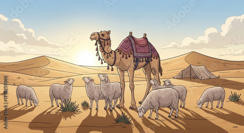 Camel with sheep in desert landscape traditional nomadic life illustration for travel and culture themes