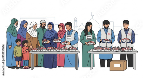 Muslim community sharing food charity event with volunteers distributing meals concept of generosity and toget