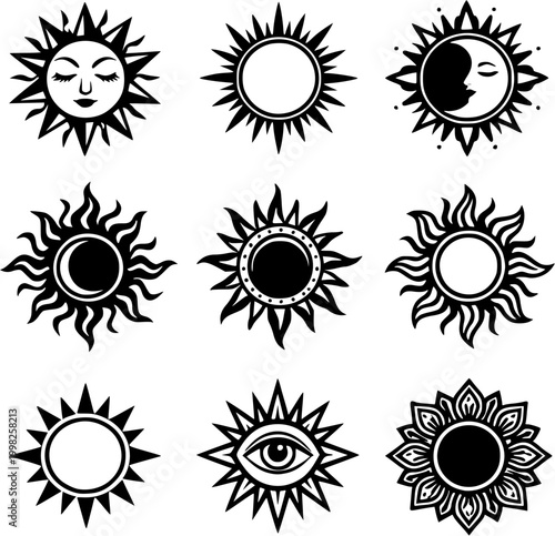 Sun and moon icon set black line art with copy space for design