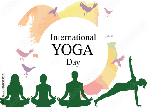 Silhouettes of people meditating under a sunburst during international yoga day