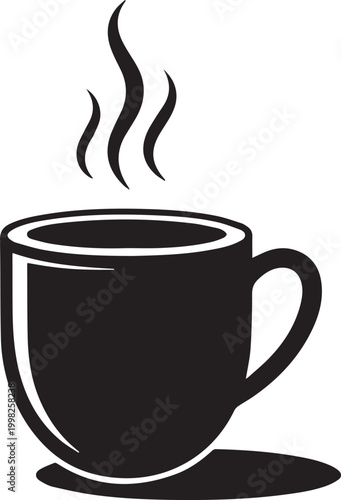 Hot coffee cup icon in cad drawing flat vector illustration style, isolated black mug silhouette with steam for cafe, breakfast, morning drink, and beverage designs.