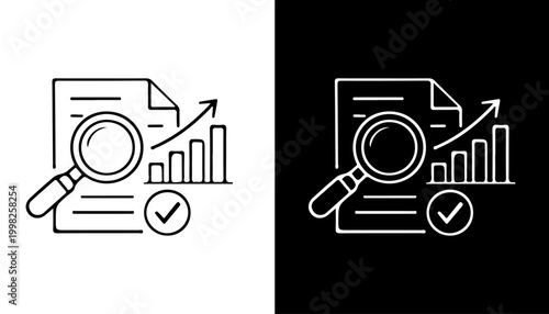 Photos Analyzing Data and Insights: A visual representation of data analysis, featuring a magnifying glass, chart, document, and checkmark, symbolizing in-depth examination, growth, and accuracy
