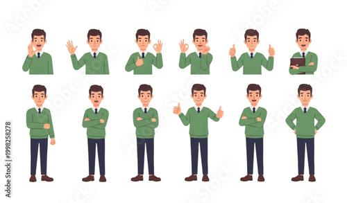 Young businessman character vector set in casual green sweater with greeting ok sign thumbs up and celebrating poses in modern flat style isolated on white background