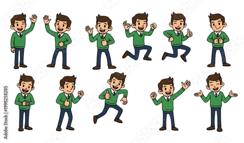 Cartoon young businessman in green sweater with expressive gestures greeting ok thumbs up and celebration poses in playful vector style on white background