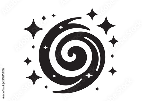 galaxy logo silhouette vector, sparkling galaxy logo silhouette vector illustration, celestial swirl logo silhouette, astronomical sparkle logo silhouette design on white background 