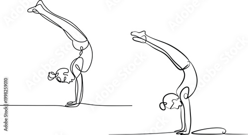 Female gymnast handstand sequence, continuous line drawing, yoga balance pose, minimalist fitness illustration, graceful body movement art – vector illustration