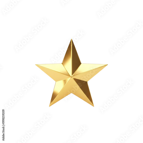 Polished golden five-pointed star with beveled edges and reflective metallic surface isolated on a transparent studio background, elegant luxury holiday symbol