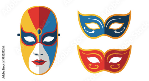 Carnival mask icon set flat style, white background, vector Illustration