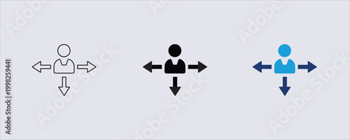 A vector icon, decision making, business dilemmas, presentations, websites, infographics related to business strategy, guidance, a central figure facing multiple directional choices, strategic.