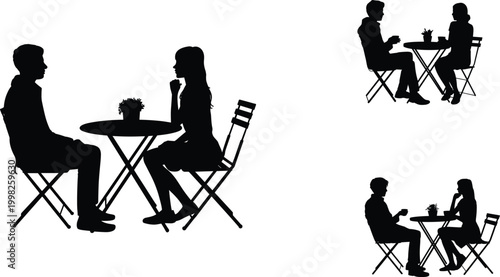 Couple sitting at cafe table silhouettes, romantic date conversation scene, man and woman talking over coffee, isolated black figures – vector illustration
