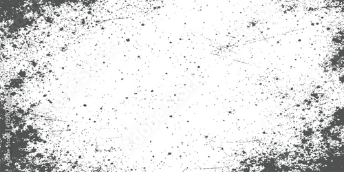 Black grunge background: abstract distressed texture with dark ink splatter edges, dust particles and rough vintage dirty surface overlay
