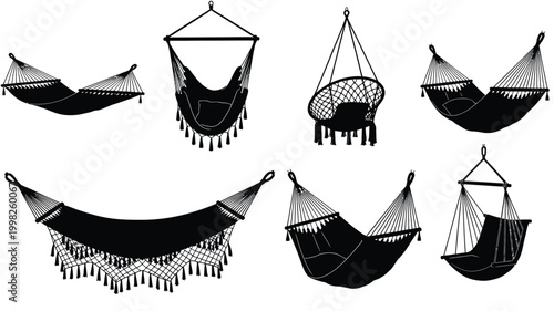 Various hammock designs displayed in a black and white silhouette