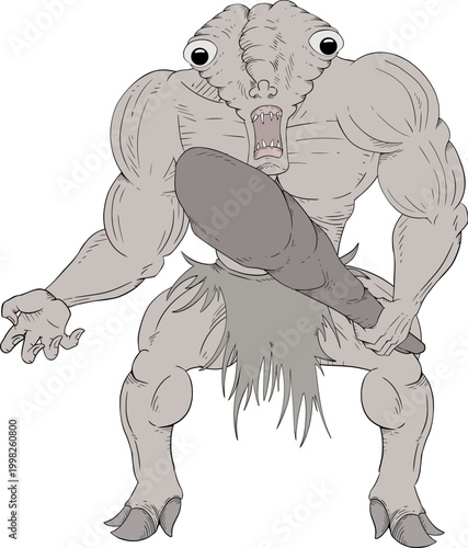 A prehistoric mutant creature with exaggerated muscles wields a massive wooden club, featuring bizarre anatomy and unique fantasy design style.