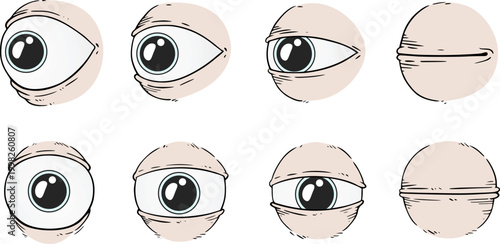 sequence shows an eye gradually opening and closing across multiple frames, illustrating blinking motion like animation with simple minimal design draw