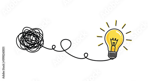 Bright glowing light bulb illustration showing a messy line transforming into a clear creative solution
