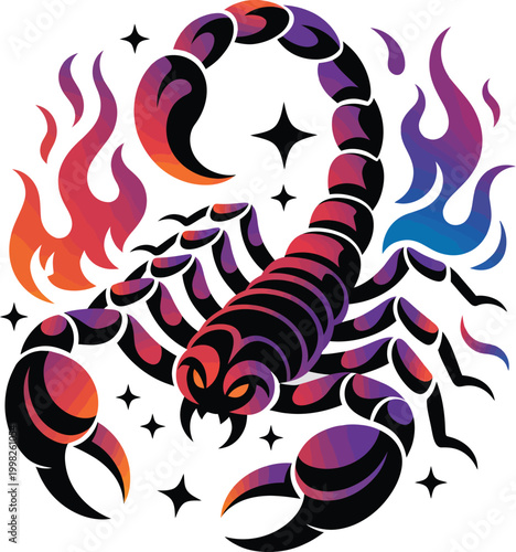 Scorpio zodiac emblem displays a fierce scorpion surrounded by vibrant.