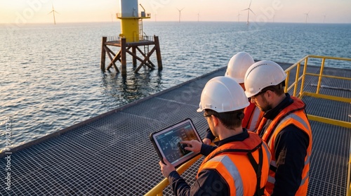 Engineers monitoring offshore wind turbine performance on platform, renewable energy maintenance team using tablet for data analysis and inspection of ocean power station