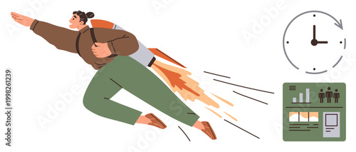 Career growth, efficiency, productivity, time management, business goals, innovation. A businessman with a jetpack flying, clock and dashboard emphasizing time and productivity. Efficiency