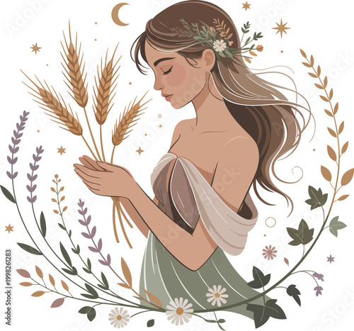 Virgo zodiac figure shows a gentle woman holding stalks of golden wheat.