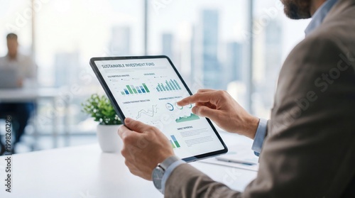 Businessman analyzing sustainable investment fund charts and graphs on digital tablet in modern office, corporate finance concept