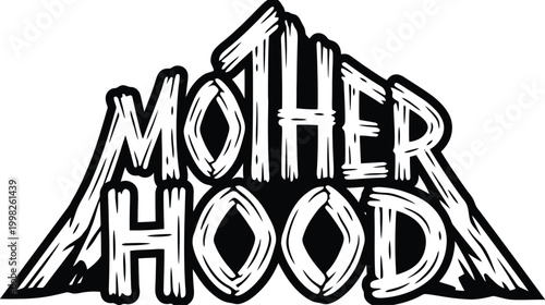 Motherhood Mountain Logo with Bold Outline Text Keywords: motherhood, mother, mom, parent, family, love, bond, connection, life, journey, strength, support, graphic, illustration, design, black and