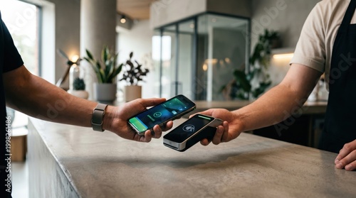 Customer using smartphone for contactless NFC payment at cafe counter, modern digital wallet technology and secure mobile banking transaction concept in retail environment