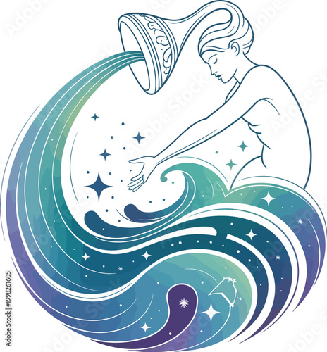 Aquarius zodiac sign depicts a graceful maiden pouring water from a vessel.