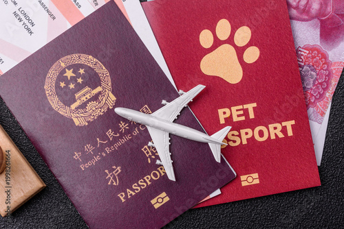 Fotografía China, Chinese passport with money and flight tickets