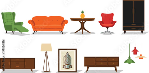 Modern living room furniture set illustration with sofa armchair cabinets lighting and decorative interior elements