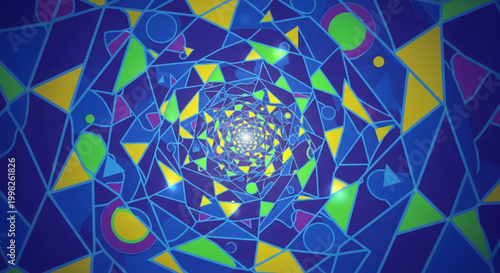 Vibrant geometric pattern with colorful shapes and lines forming a mesmerizing spiral design on a blue background