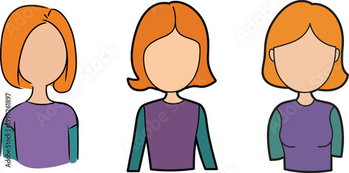 Female avatar faceless character set, front and side hairstyle variations, modern flat portrait collection for profile design – vector illustration