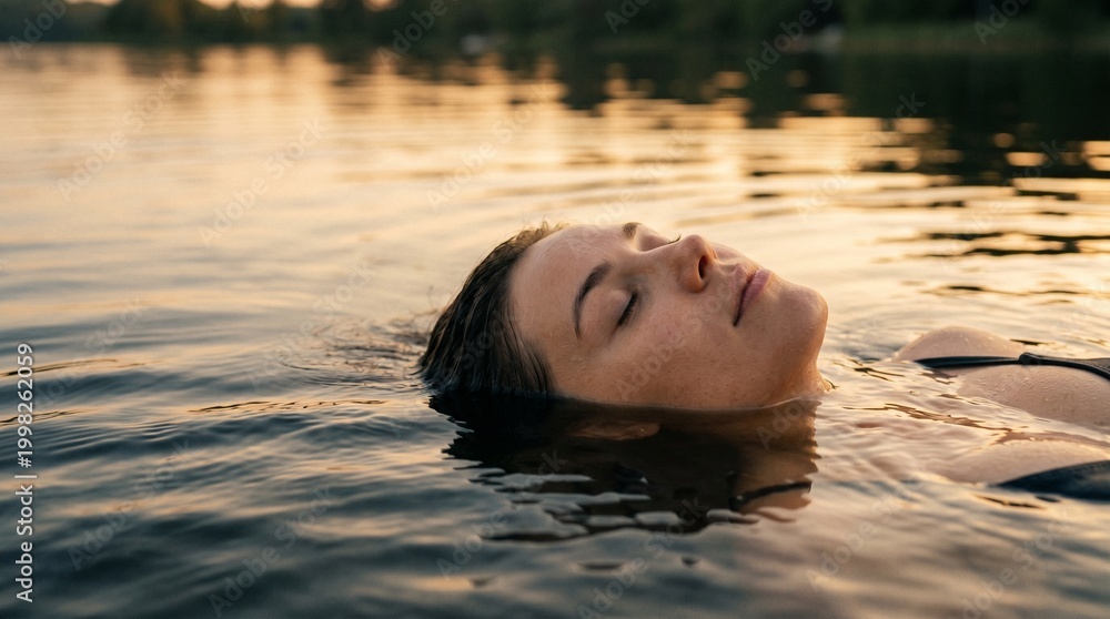 Fototapeta premium Peaceful face floating on water with soft ripples, symbolizing calm and relaxation.