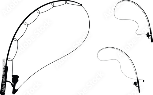 Fishing rod line art set, flexible pole and reel silhouettes, angling equipment outline collection for outdoor sport design – vector illustration