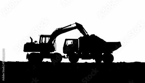 Excavator Loading Dump Truck Silhouette – Construction and Mining Heavy Equipment Illustration