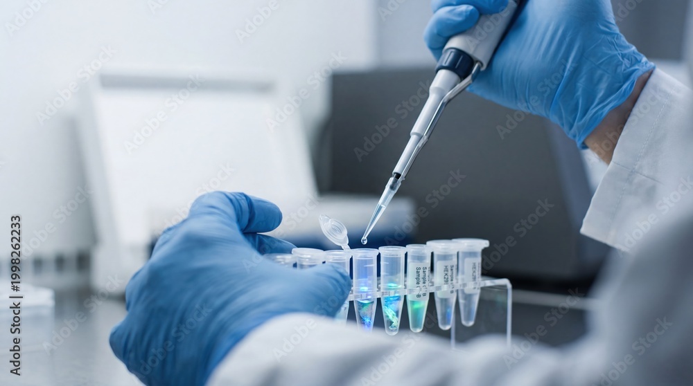 Fototapeta premium Close up of researcher hands using pipette to transfer liquid into test tubes, genetic engineering or DNA analysis process in sterile biotechnology laboratory environment for