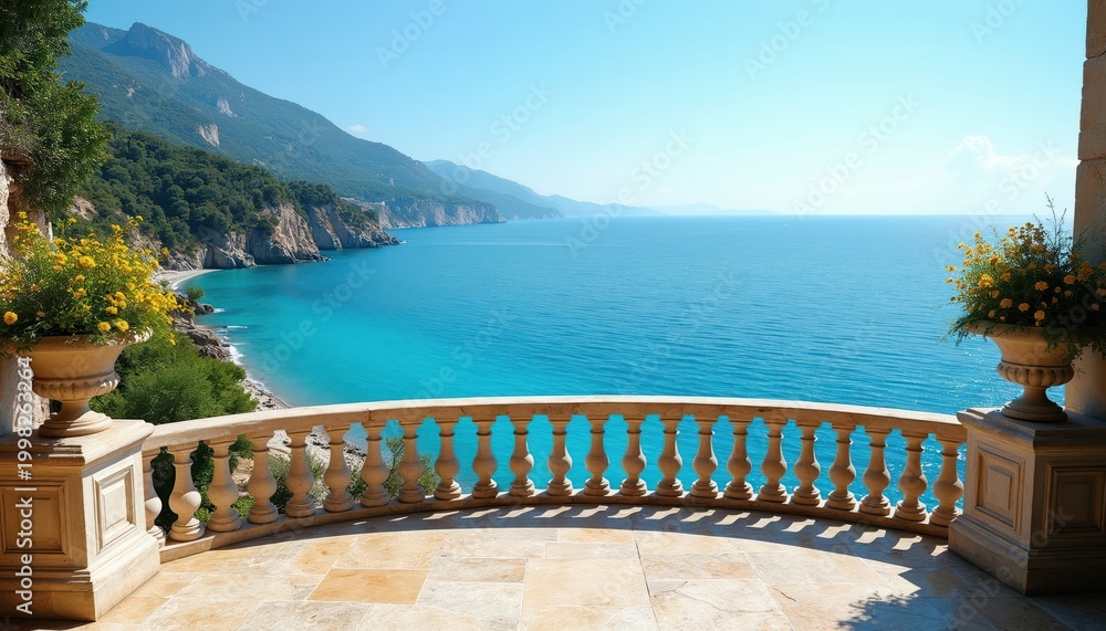 Fototapeta premium Balcony view of turquoise sea and rocky coast. Classical stone balustrade with potted flowers frames ocean vista. Bright sunny day over calm water and distant mountains.