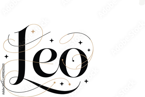 Leo represents a zodiac sign featuring decorative stars and elegant script.