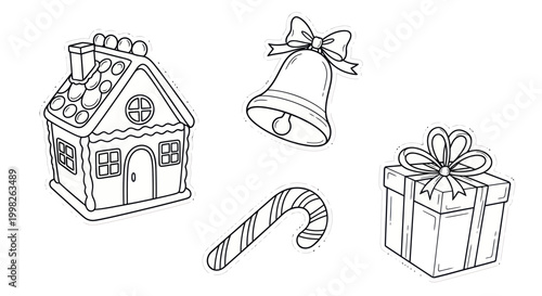 Fotografía Christmas Icons Doodle Set: Gingerbread House, Candy Cane, Gift Box, Bell