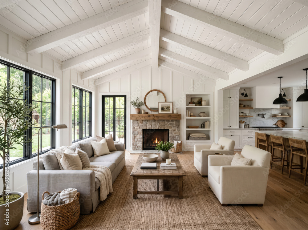 Fototapeta premium A white modern farmhouse living room with shiplap walls and beams on the high ceilings and cozy furniture sits around a white fireplace.