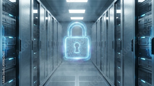 Glowing Blue Cyber Security Padlock Floating in Data Center Server Room